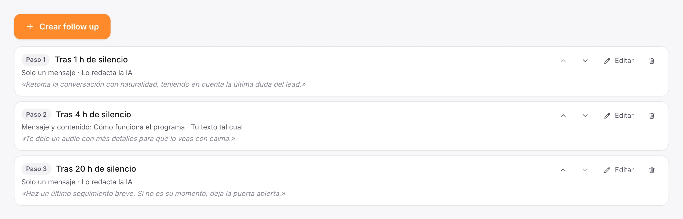 Editor de seguimientos con el tiempo, el mensaje y el contenido de cada paso